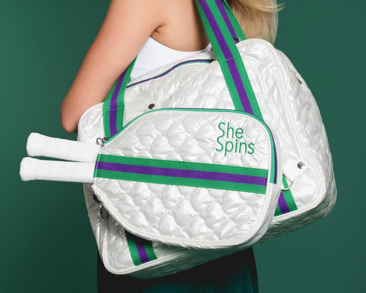Women’s Designer PickleBall Tote Bag w/Removable Paddle and Tennis Covers + Shoe bag w/SheSpins Logos + Bundle of Charms | Wimble White - Image 8