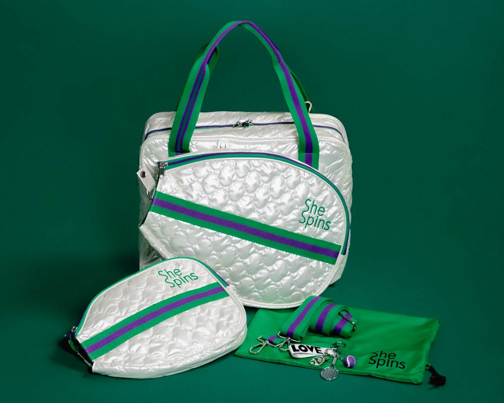 Women’s Designer PickleBall Tote Bag w/Removable Paddle and Tennis Covers + Shoe bag w/SheSpins Logos + Bundle of Charms | Wimble White - Image 16