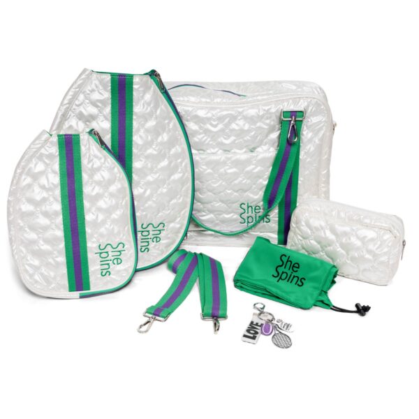 Women’s Designer Pickleball & Tennis Tote Bag, Paddle/Racket Covers, Shoe Bag w/logos Cosmetic Bag + Charms! | Wimble White